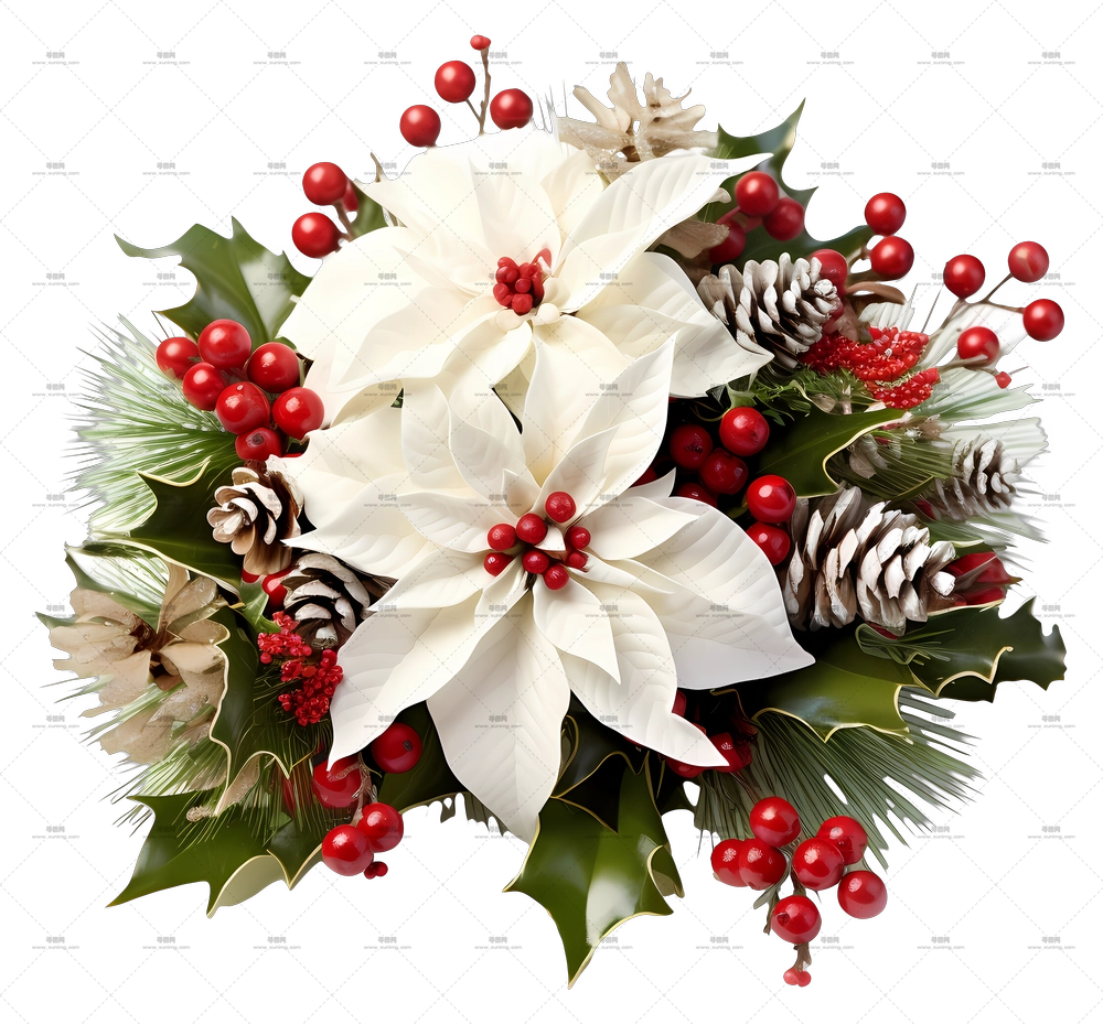 白色一品红花束，适合圣诞装饰PNG免抠图预览图