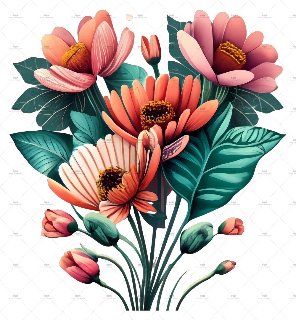 带绿叶的粉色花朵花束PNG免抠图预览图