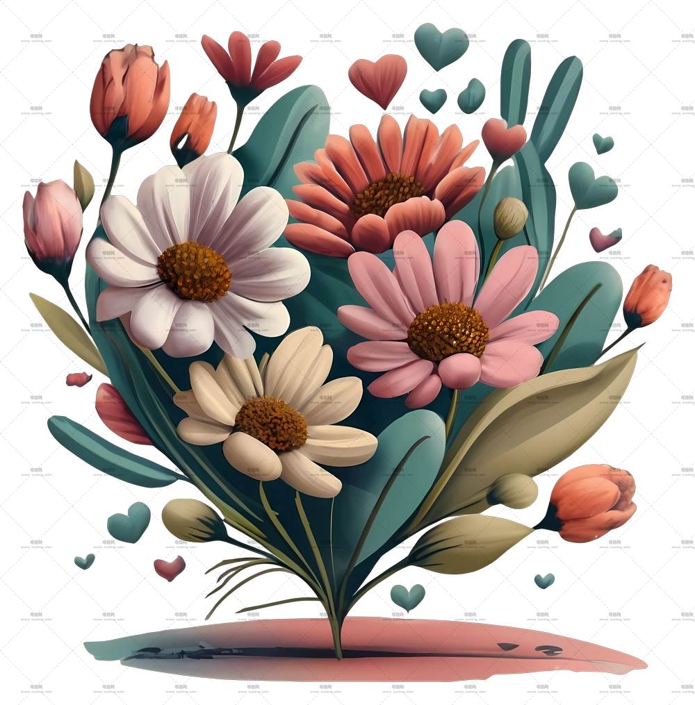 带有心形图案的多色雏菊花束插画PNG免抠图预览图