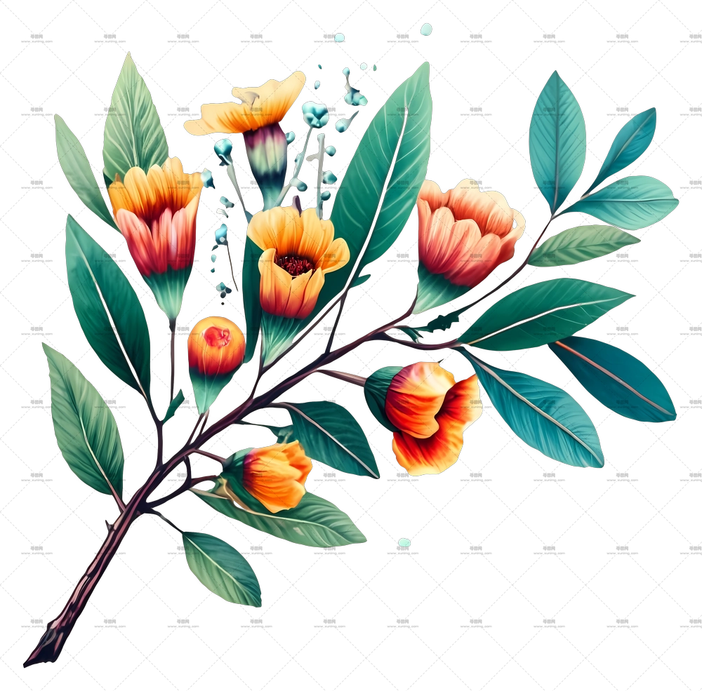 带绿叶的橙色植物插画PNG免抠图预览图
