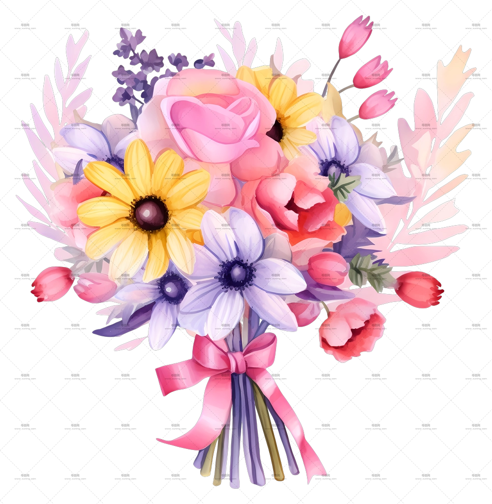 带粉色丝带的多彩花朵花束PNG免抠图预览图