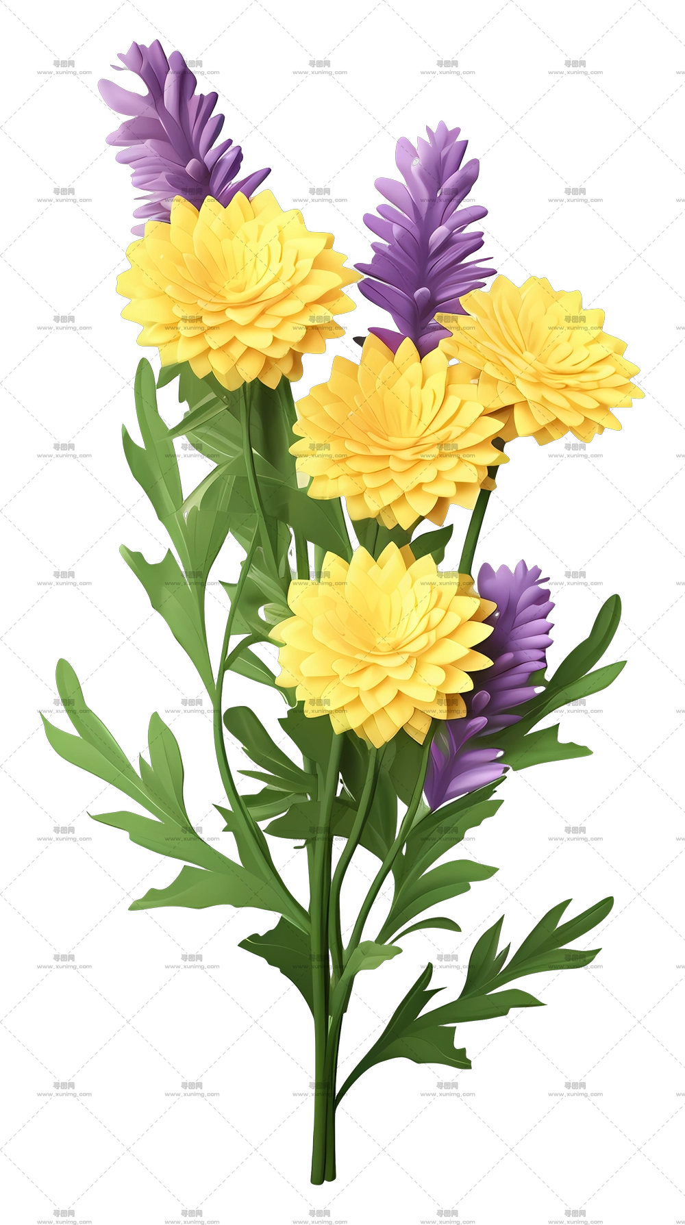 黄色和紫色花朵花束插画PNG免抠图预览图