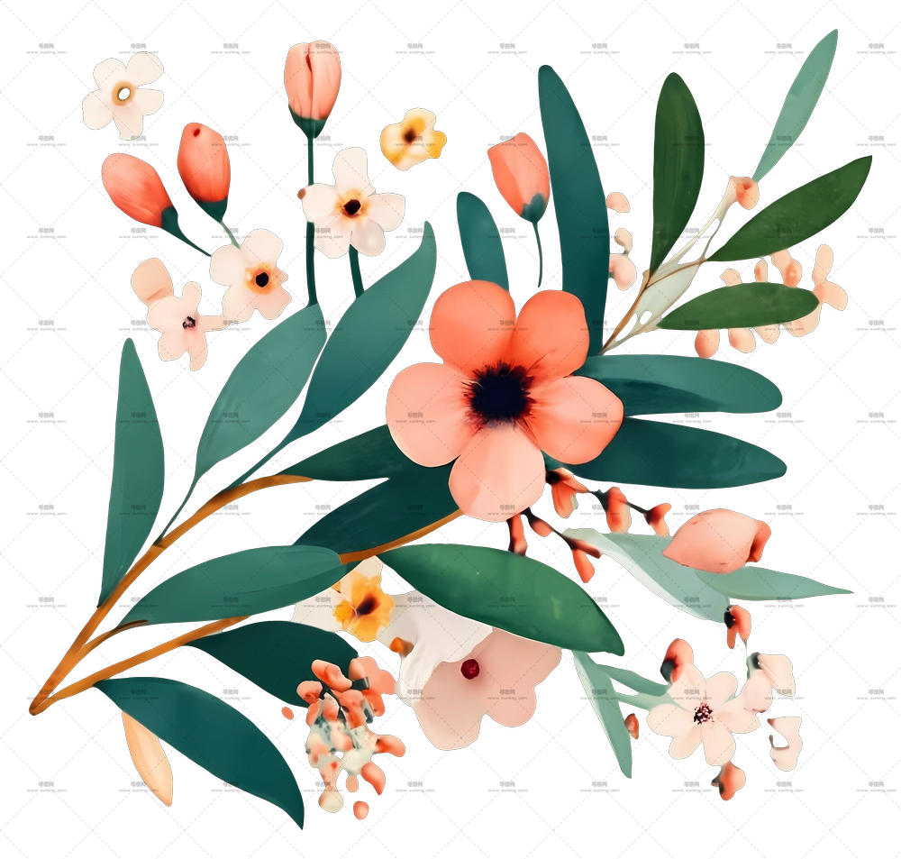 带自然叶子的花卉花束插画PNG免抠图预览图