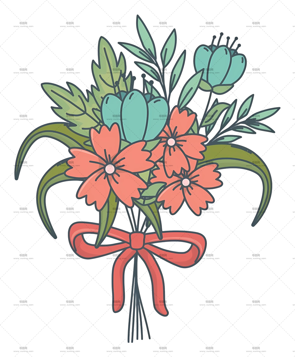 带红色丝带的花束插画PNG免抠图预览图