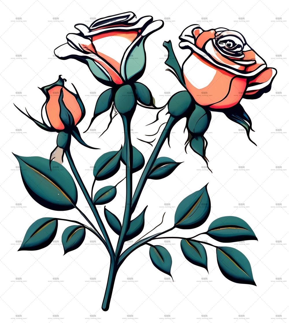 橙色玫瑰与绿叶插画PNG免抠图预览图