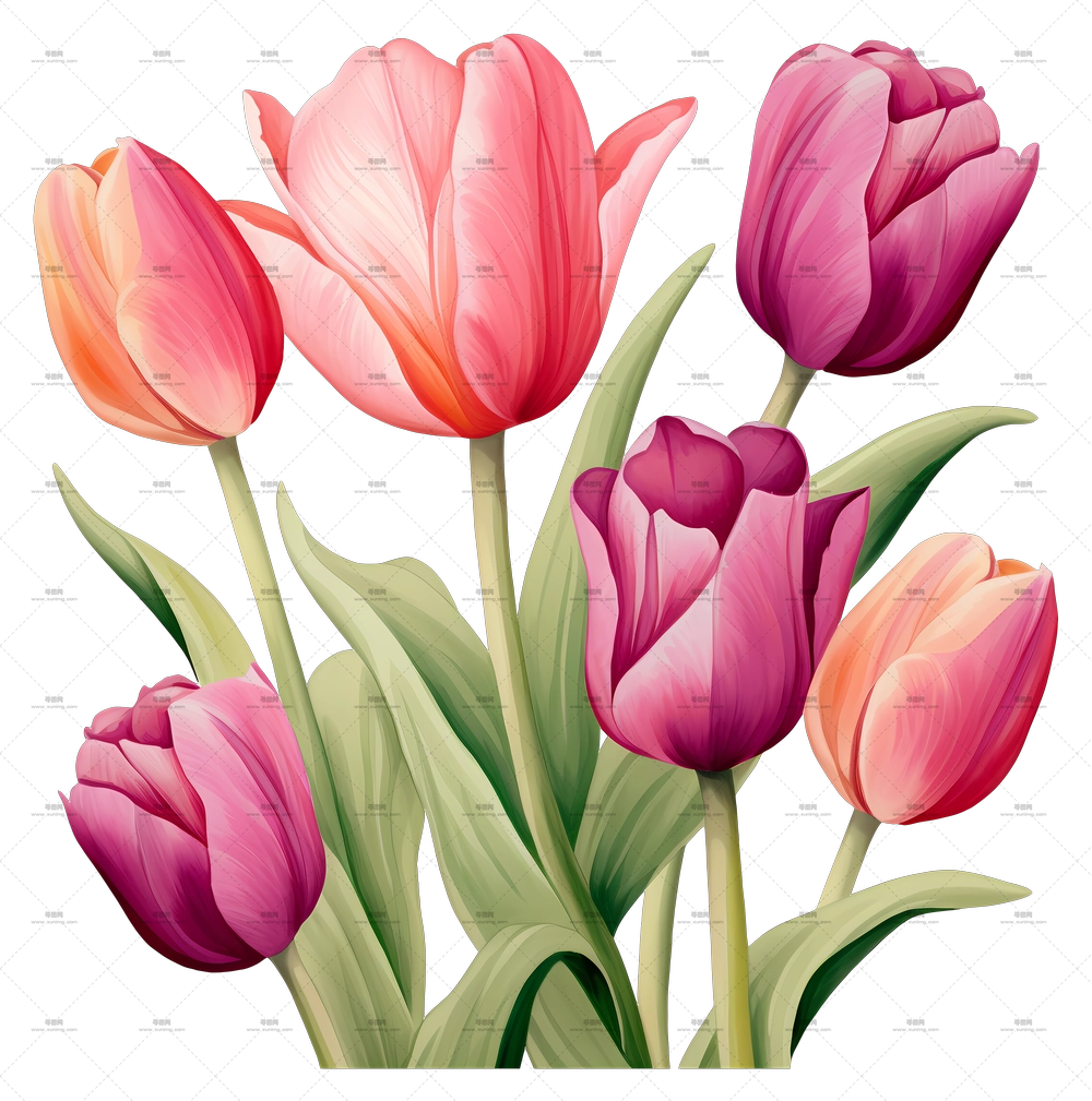 粉色与紫色郁金香插花插画PNG免抠图预览图