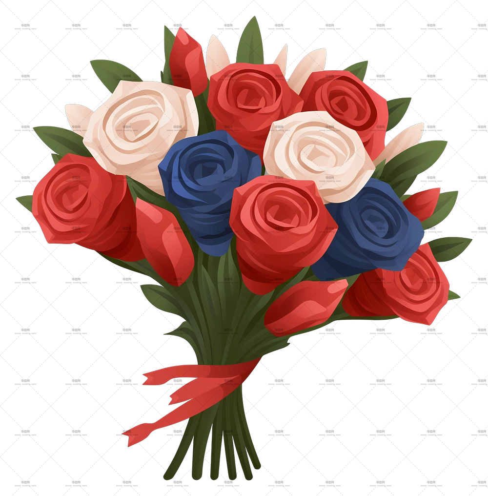红白蓝三色花朵多彩花束PNG免抠图预览图