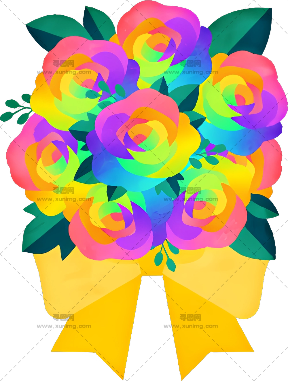 图标 – 带黄色丝带的彩色玫瑰束PNG免抠图预览图