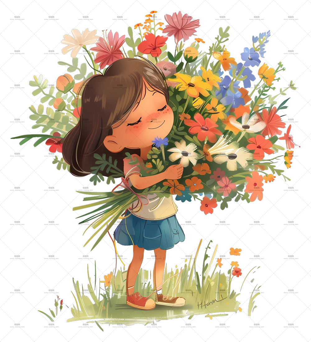 春日时光 – 女孩拥抱大型彩色花束PNG免抠图预览图