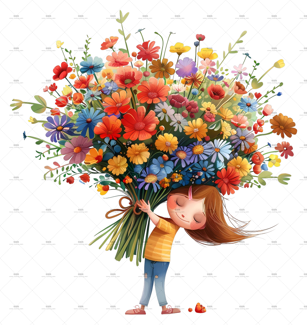 春日时光 – 女孩手持大型彩色花束PNG免抠图预览图