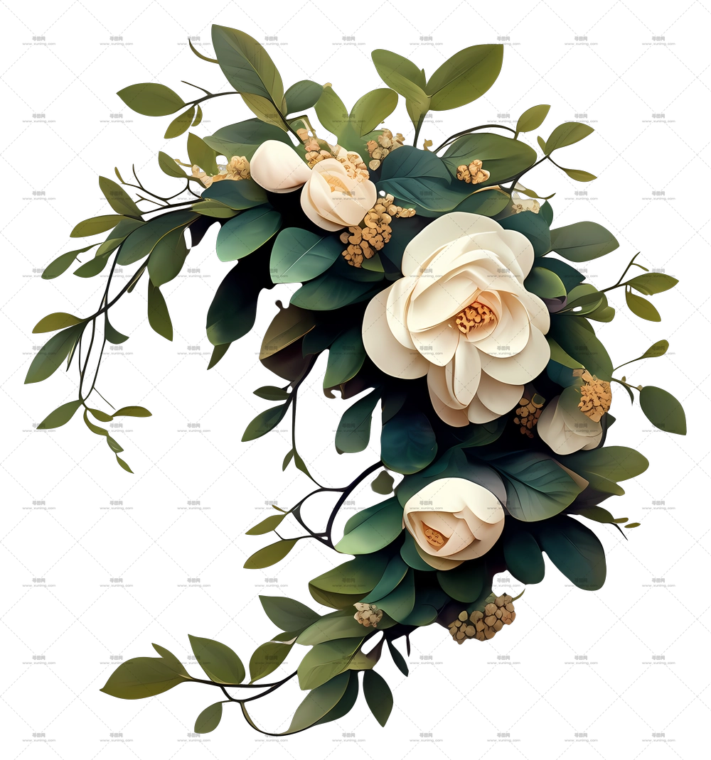 瀑布花束 – 带绿叶的花艺PNG免抠图预览图