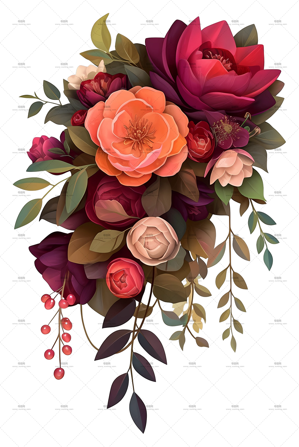 瀑布花束 – 精致带叶花卉摆设PNG免抠图预览图