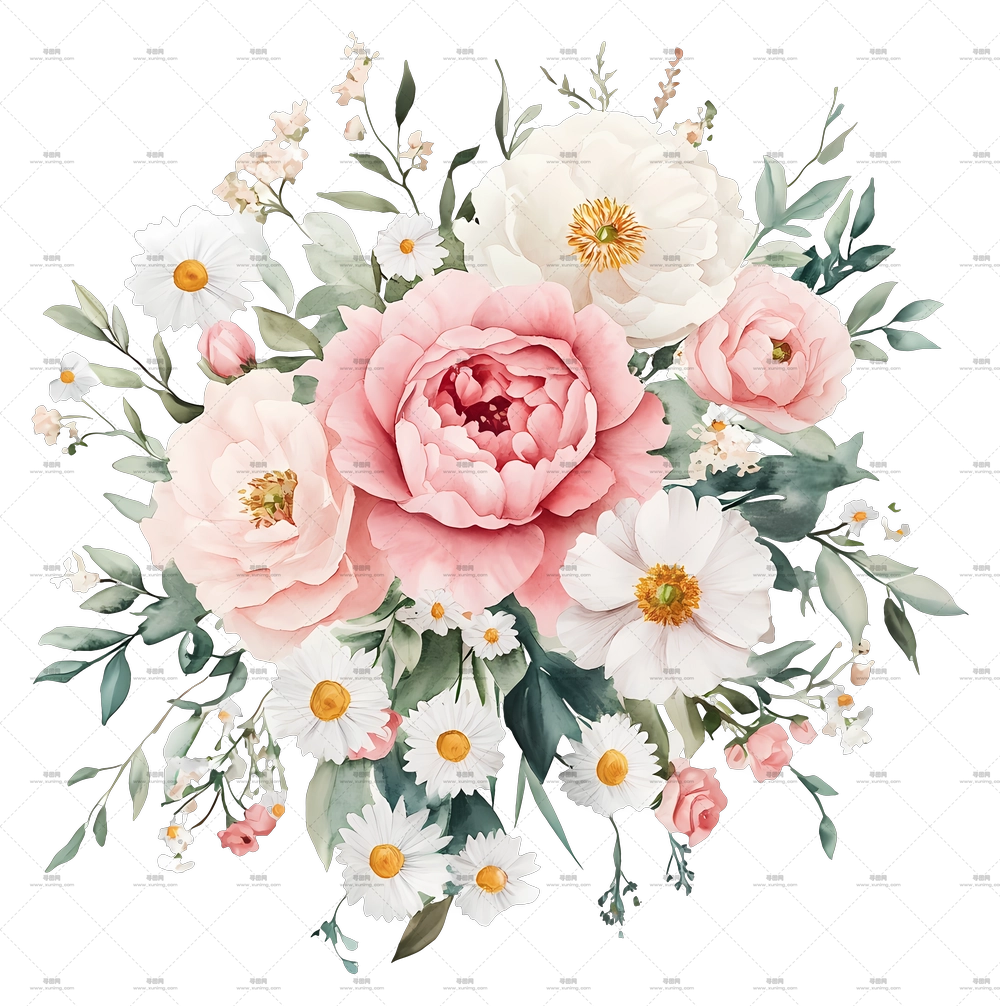 粉色花束 – 水彩风格花卉组合PNG免抠图预览图