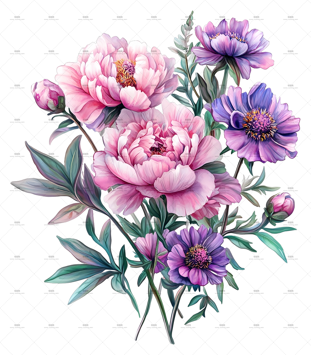 粉红色花束 – 带有花瓣和叶子的鲜艳花朵PNG免抠图预览图