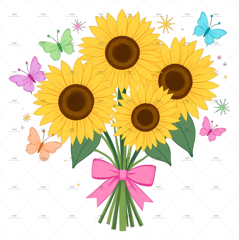 向日葵花束 – 带有蝴蝶的向日葵花束PNG免抠图预览图