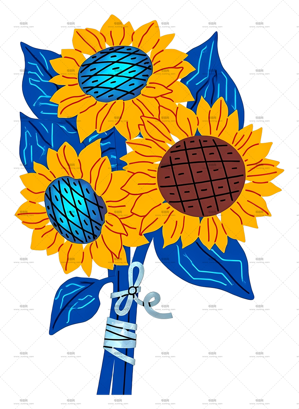 向日葵花束 – 带蓝色叶子的向日葵花束PNG免抠图预览图 向日葵花束 – 带蓝色叶子的向日葵花束PNG免抠图预览图