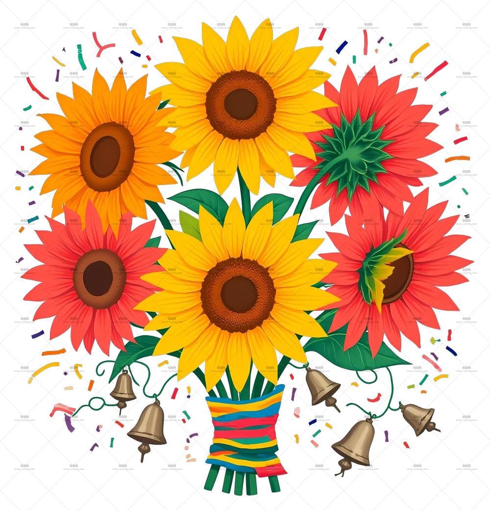向日葵花束 – 带铃铛的多彩向日葵花束PNG免抠图预览图