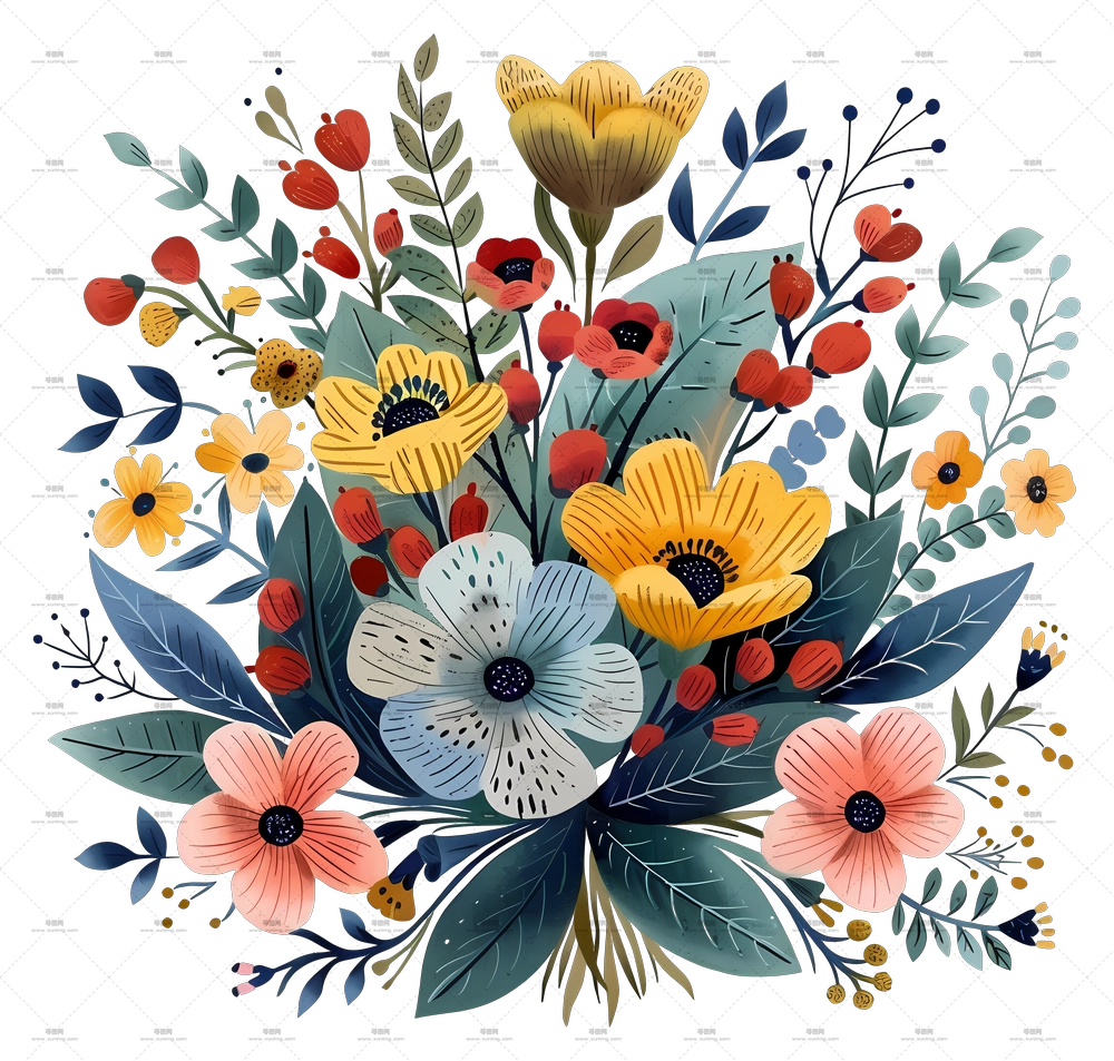 多彩花卉束插画PNG免抠图预览图