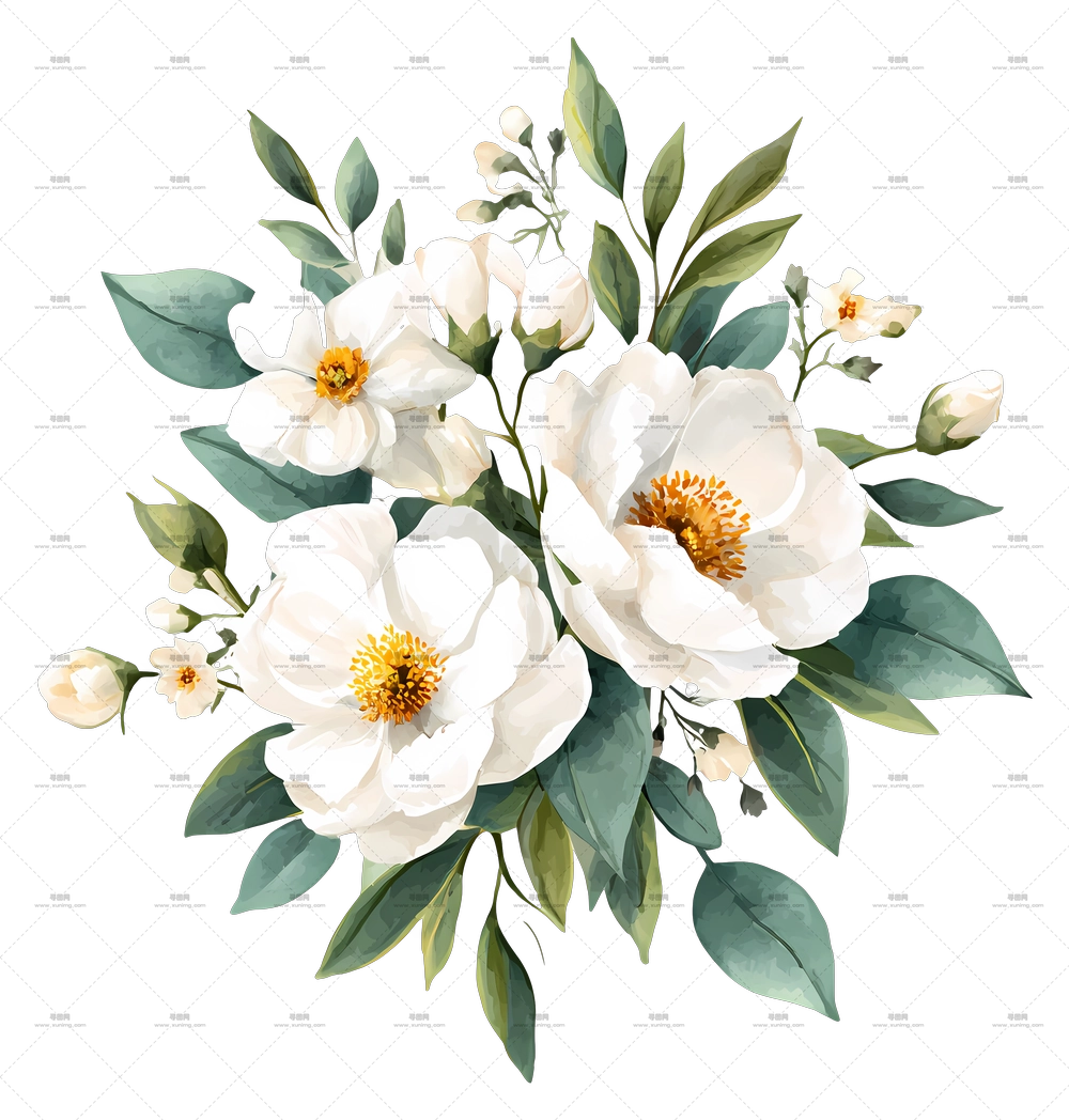 白花束 – 带绿叶的白花PNG免抠图预览图