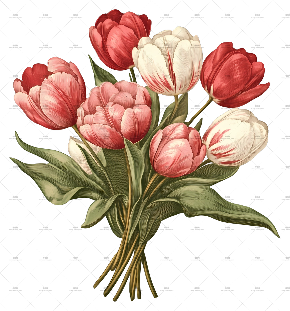 郁金香花束 – 红白郁金香花束艺术作品PNG免抠图预览图