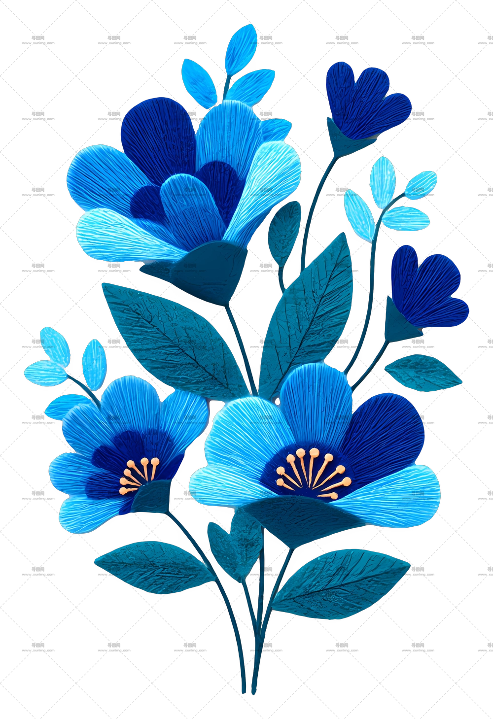 蓝色花束 – 植物学插画中的蓝色花朵PNG免抠图预览图