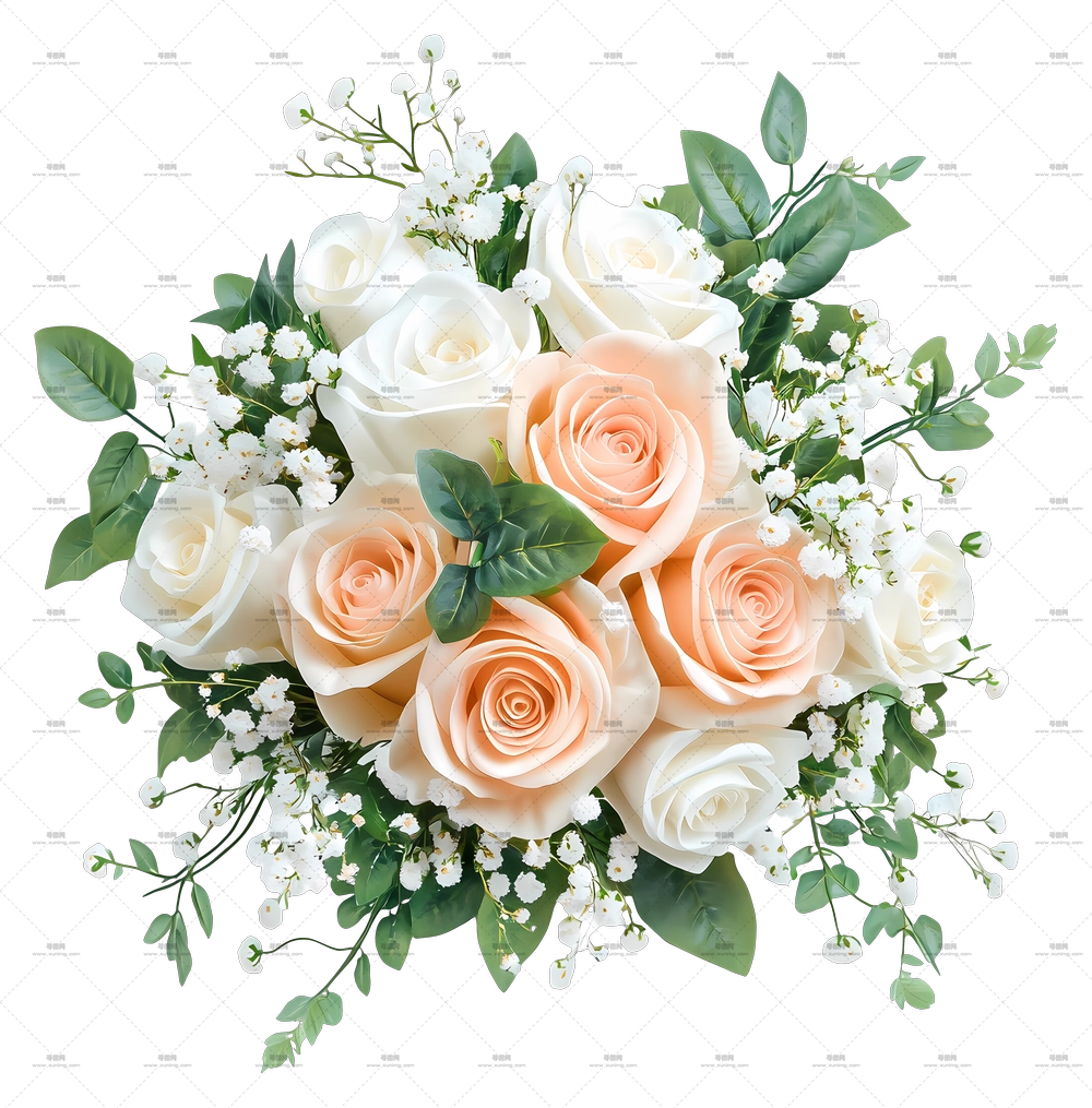 婚礼花束 – 优雅的白色和桃色玫瑰花束，搭配满天星PNG免抠图预览图
