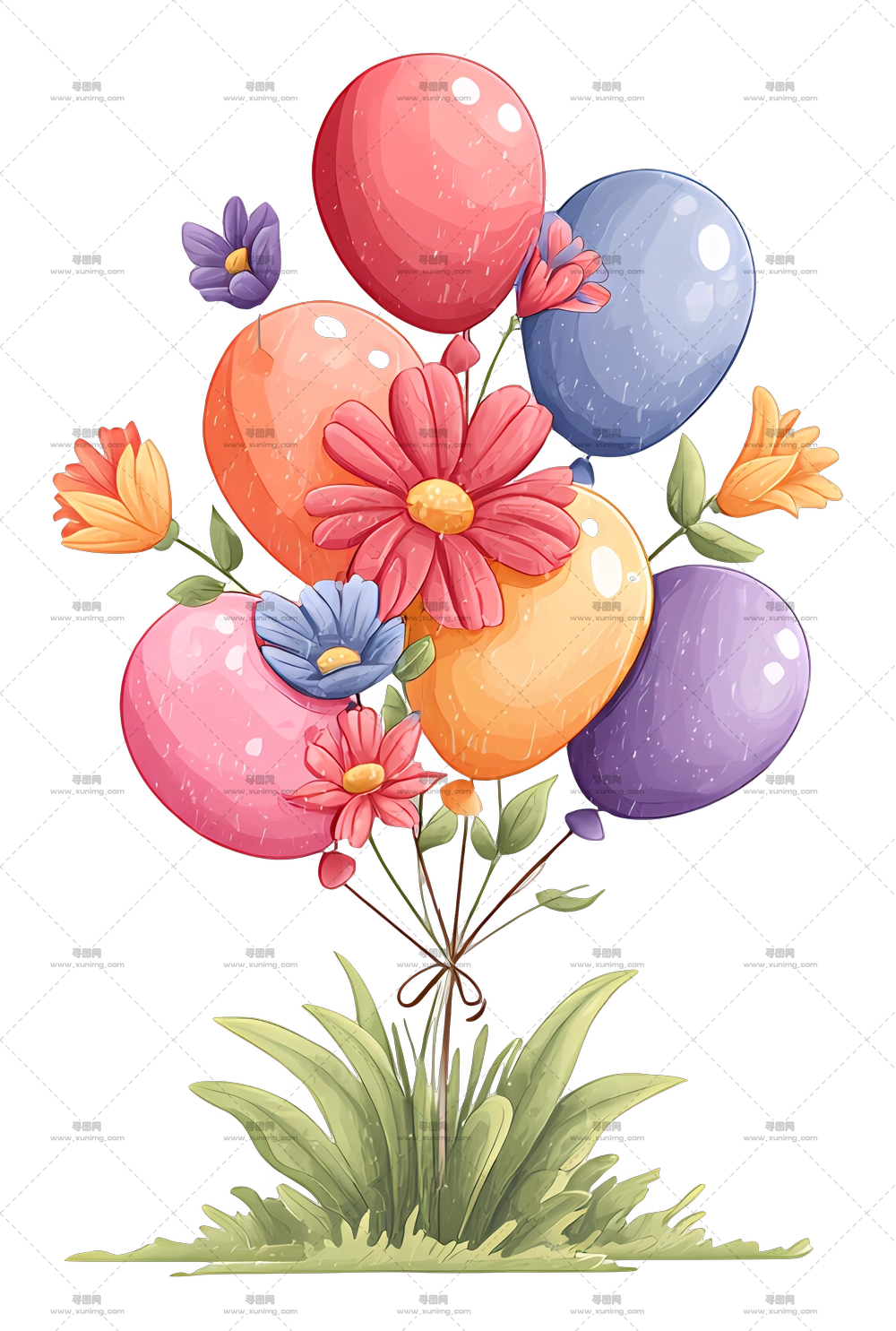 气球花束 – 带有花朵的多彩气球花束PNG免抠图预览图