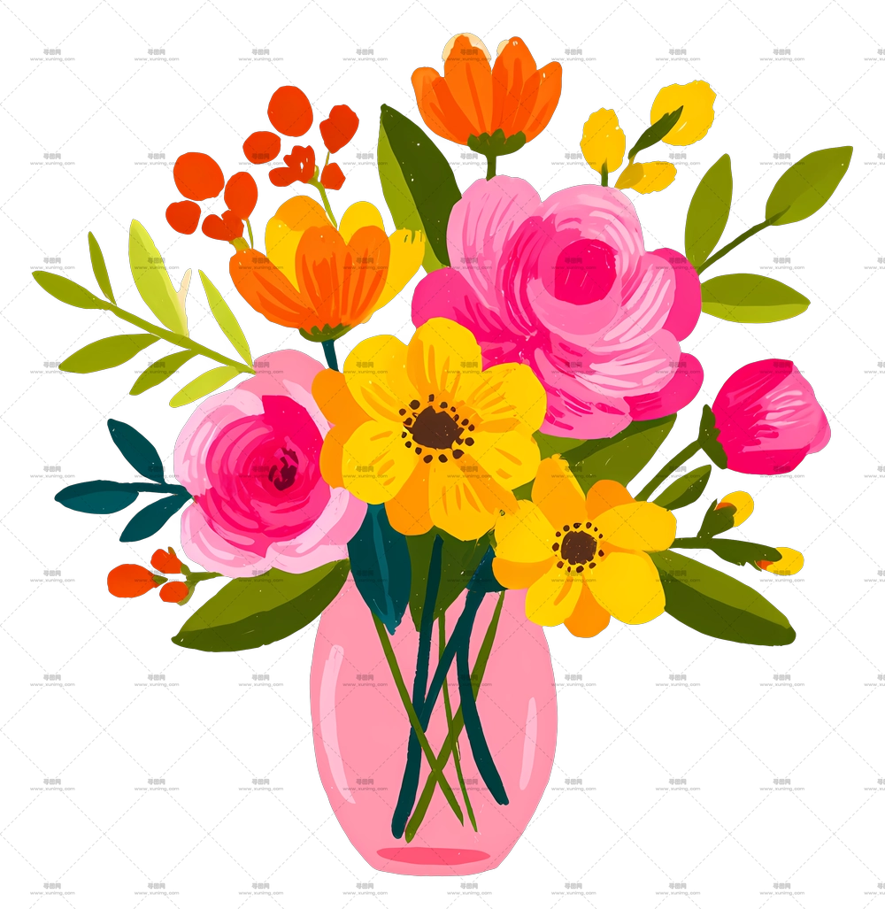 粉色花束 – 带彩色花朵的花瓶PNG免抠图预览图