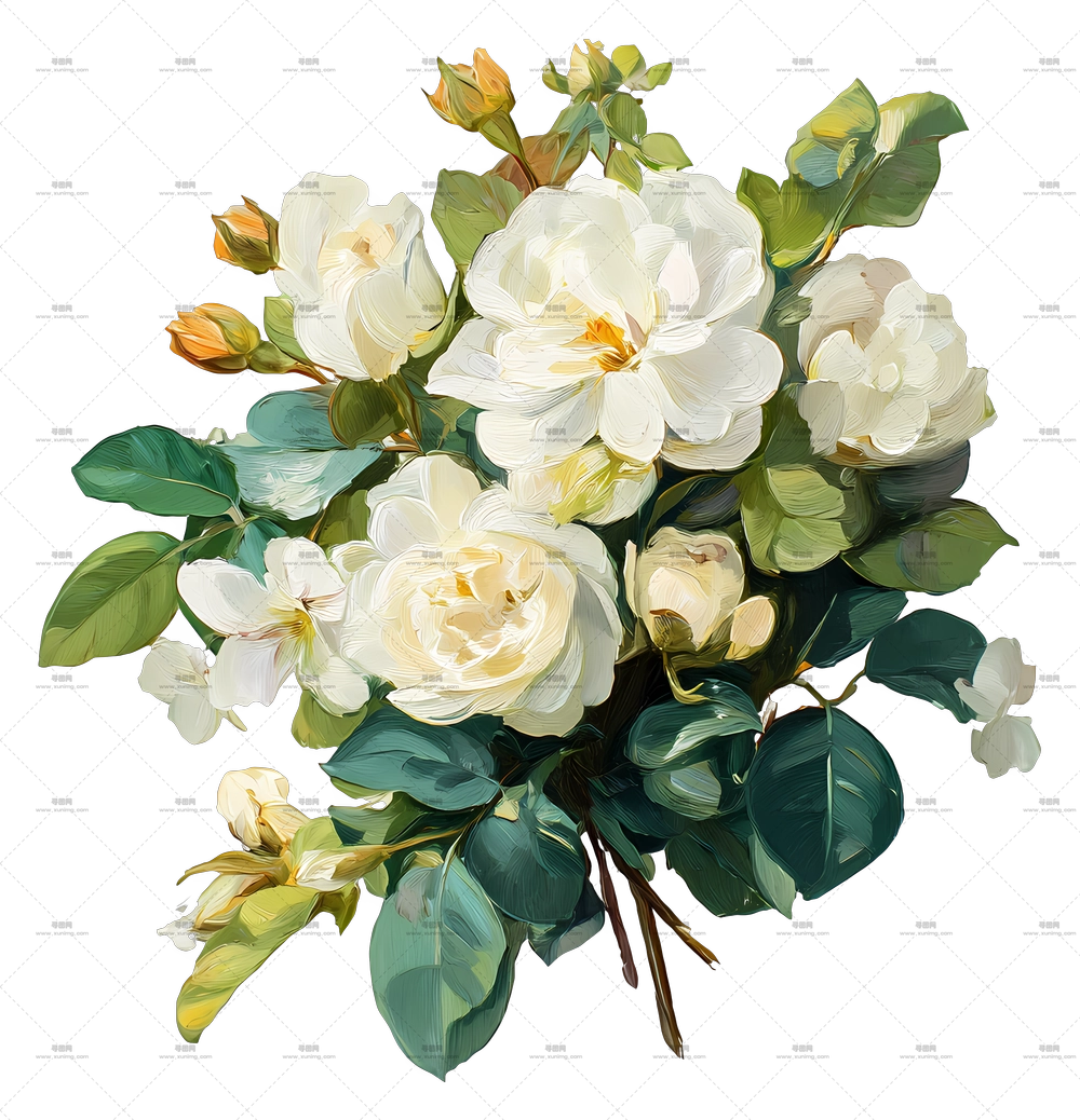 白色花束 – 带绿叶的白玫瑰PNG免抠图预览图