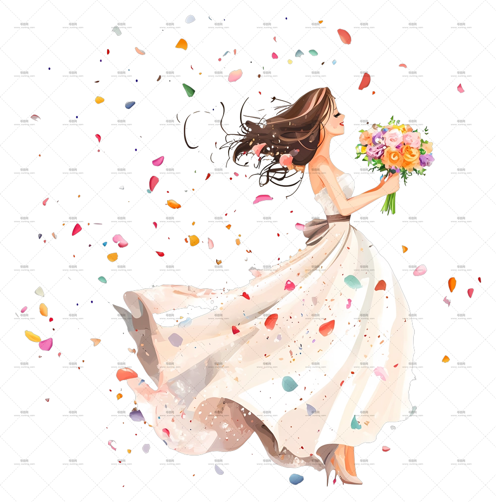 抛花仪式 – 抱花和花瓣的新娘PNG免抠图预览图