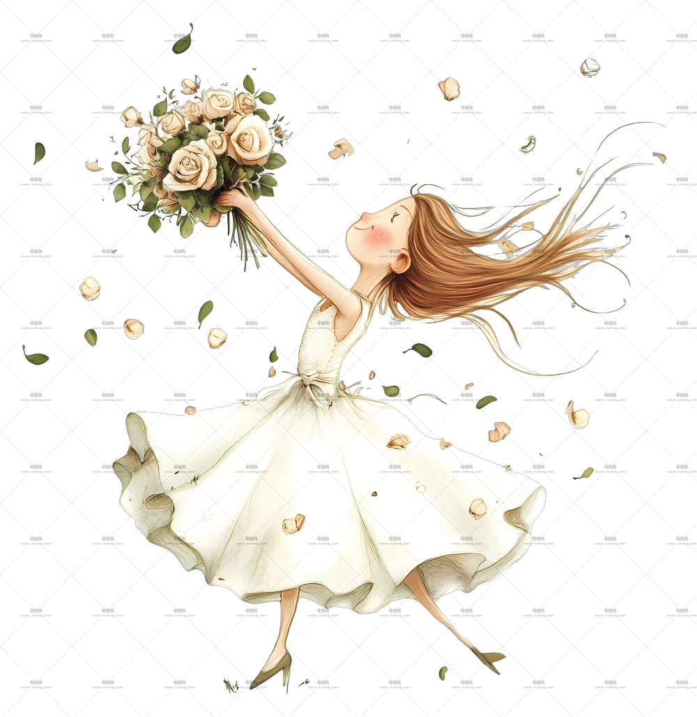 花束抛洒 – 持有花束的欢乐女孩插画PNG免抠图预览图