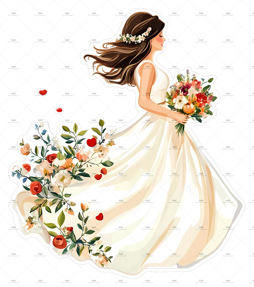 花束抛洒 – 带有花卉婚礼裙装的新娘PNG免抠图预览图
