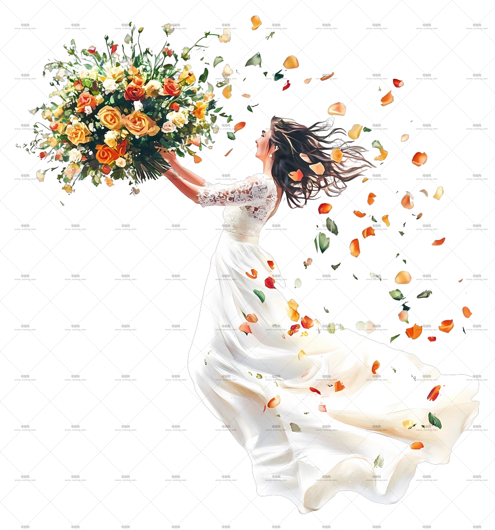 花束抛洒 – 带有飘逸裙装和花朵的新娘PNG免抠图预览图