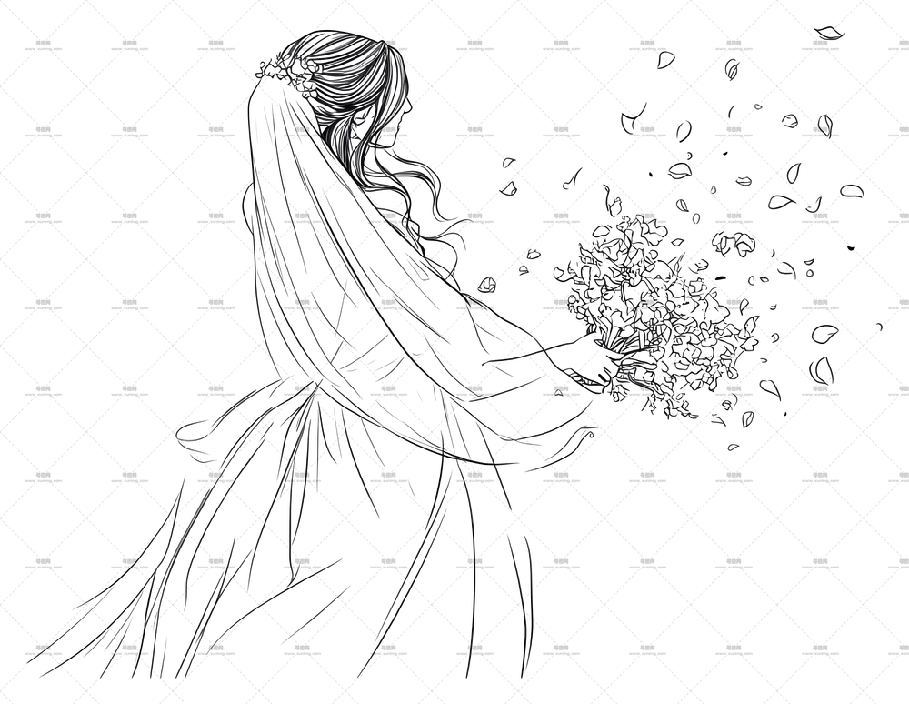 花束抛洒 – 新娘与花束素描PNG免抠图预览图