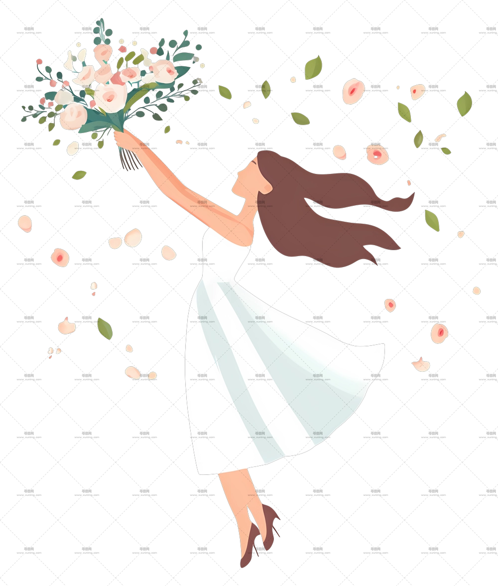 花束抛洒 – 插画中的女子与花束PNG免抠图预览图