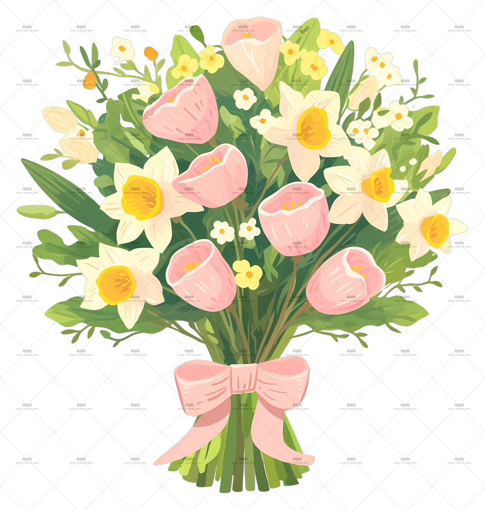 婚礼捧花 – 带丝带的粉黄花束PNG免抠图预览图
