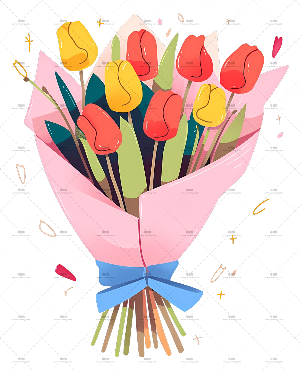 郁金香花束 – 粉色包装的多彩郁金香花束PNG免抠图预览图