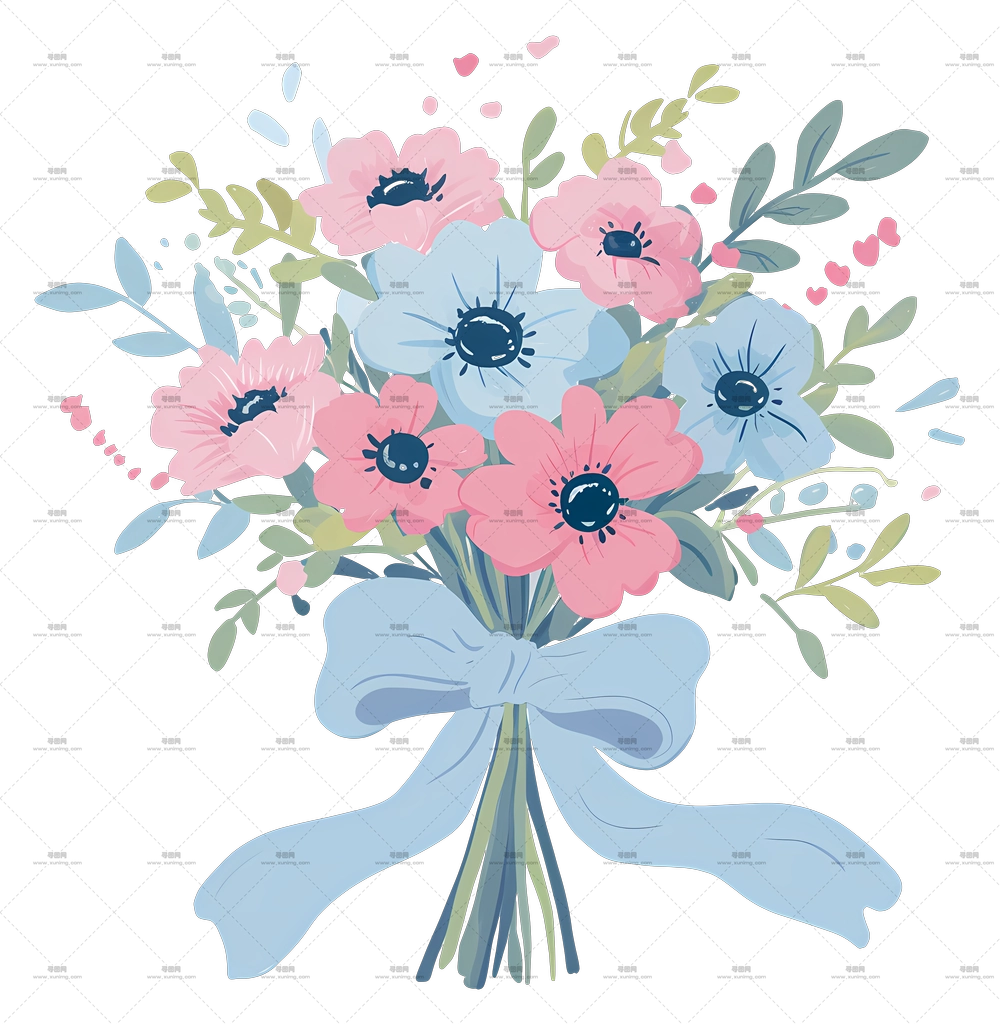 婚礼捧花 – 粉色和蓝色花朵的美丽花束PNG免抠图预览图