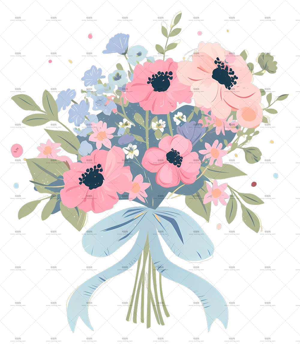 婚礼捧花 – 带蓝色丝带的淡彩色花束PNG免抠图预览图