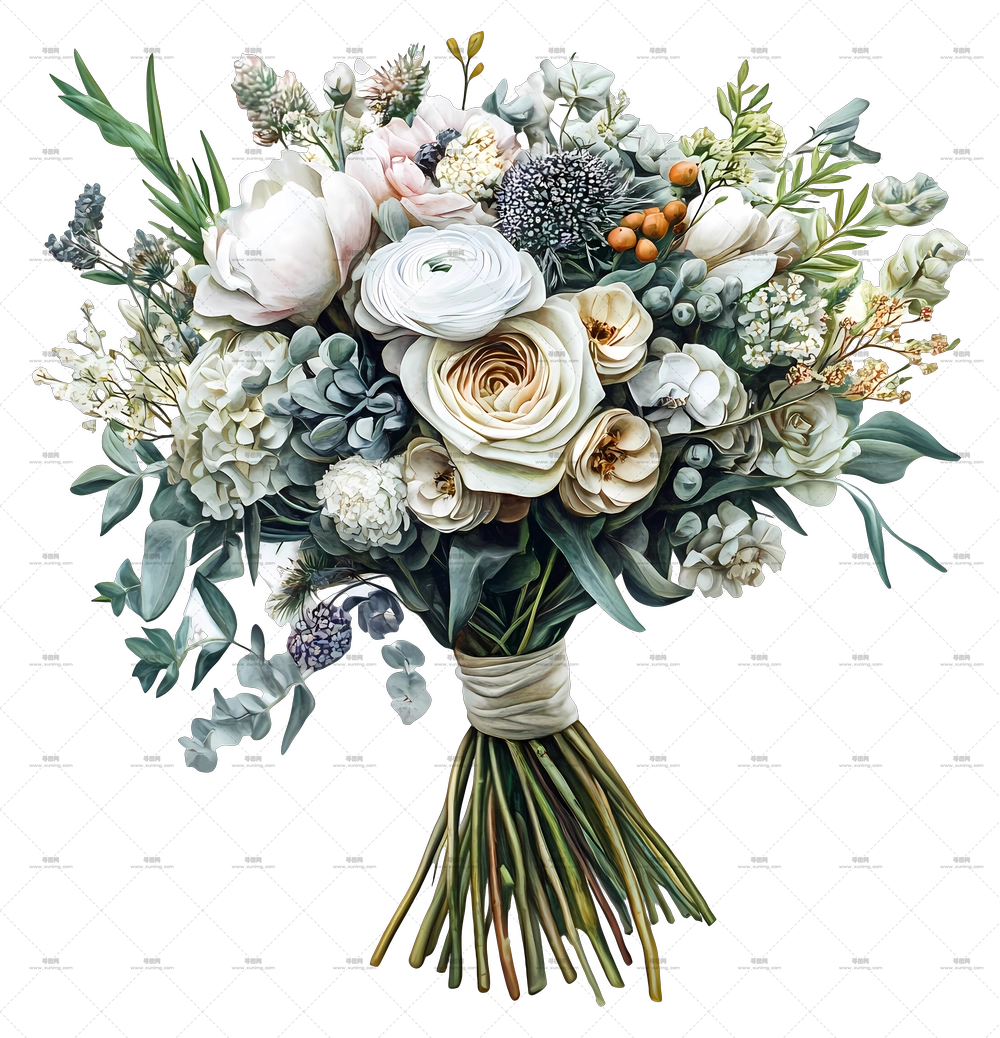 新娘花束 – 带玫瑰的白绿花束PNG免抠图预览图
