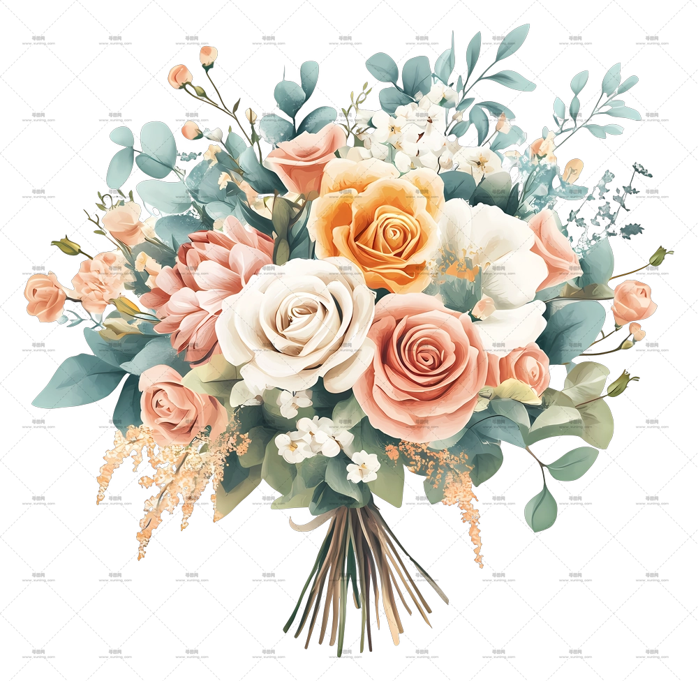 新娘花束 – 混合花卉花束，含玫瑰和淡色花朵PNG免抠图预览图