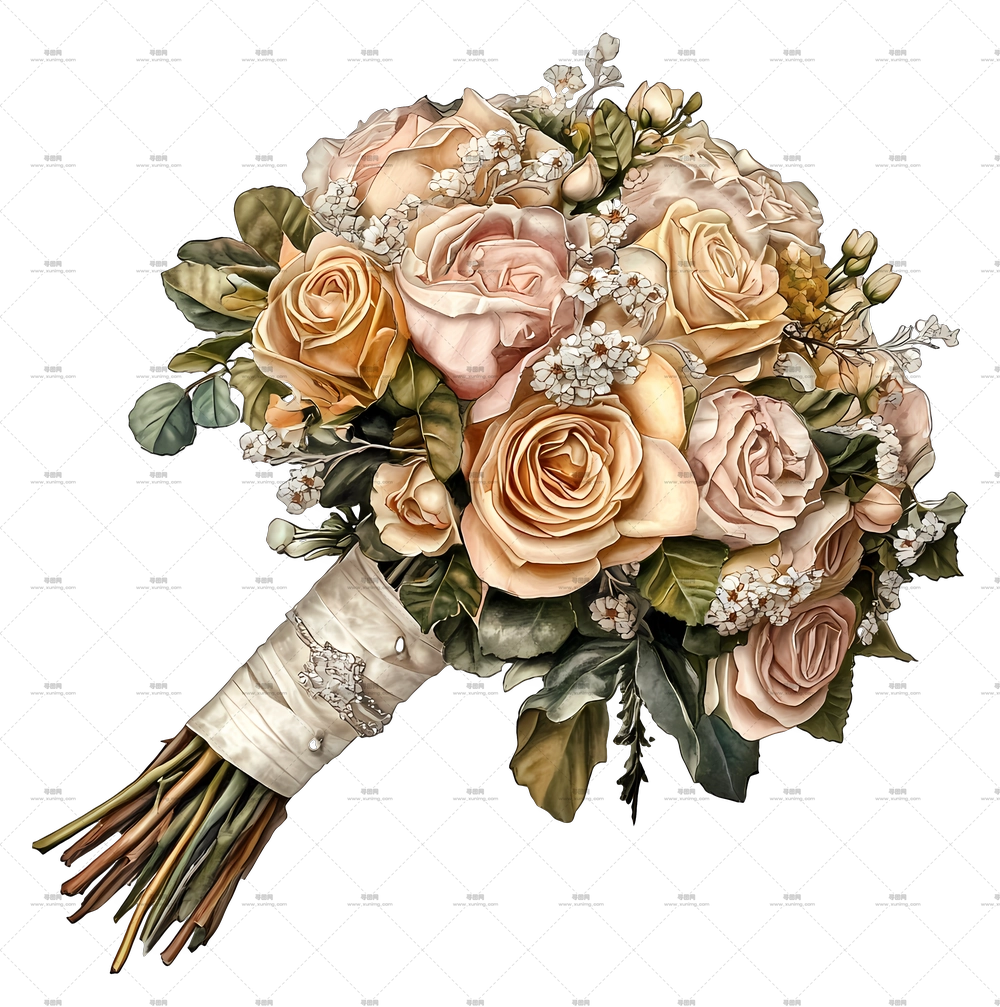 新娘花束 – 桃色与奶油色花束，含玫瑰PNG免抠图预览图