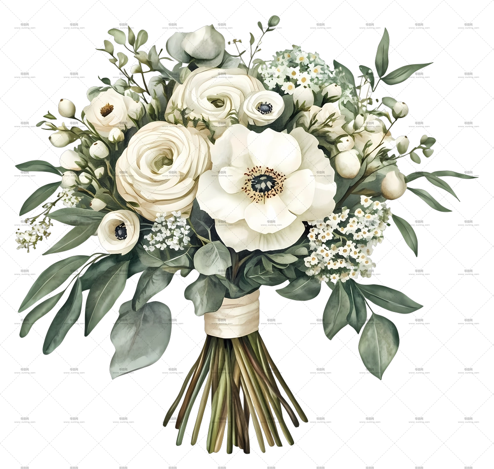 新娘花束 – 优雅白色花卉花束配绿叶PNG免抠图预览图