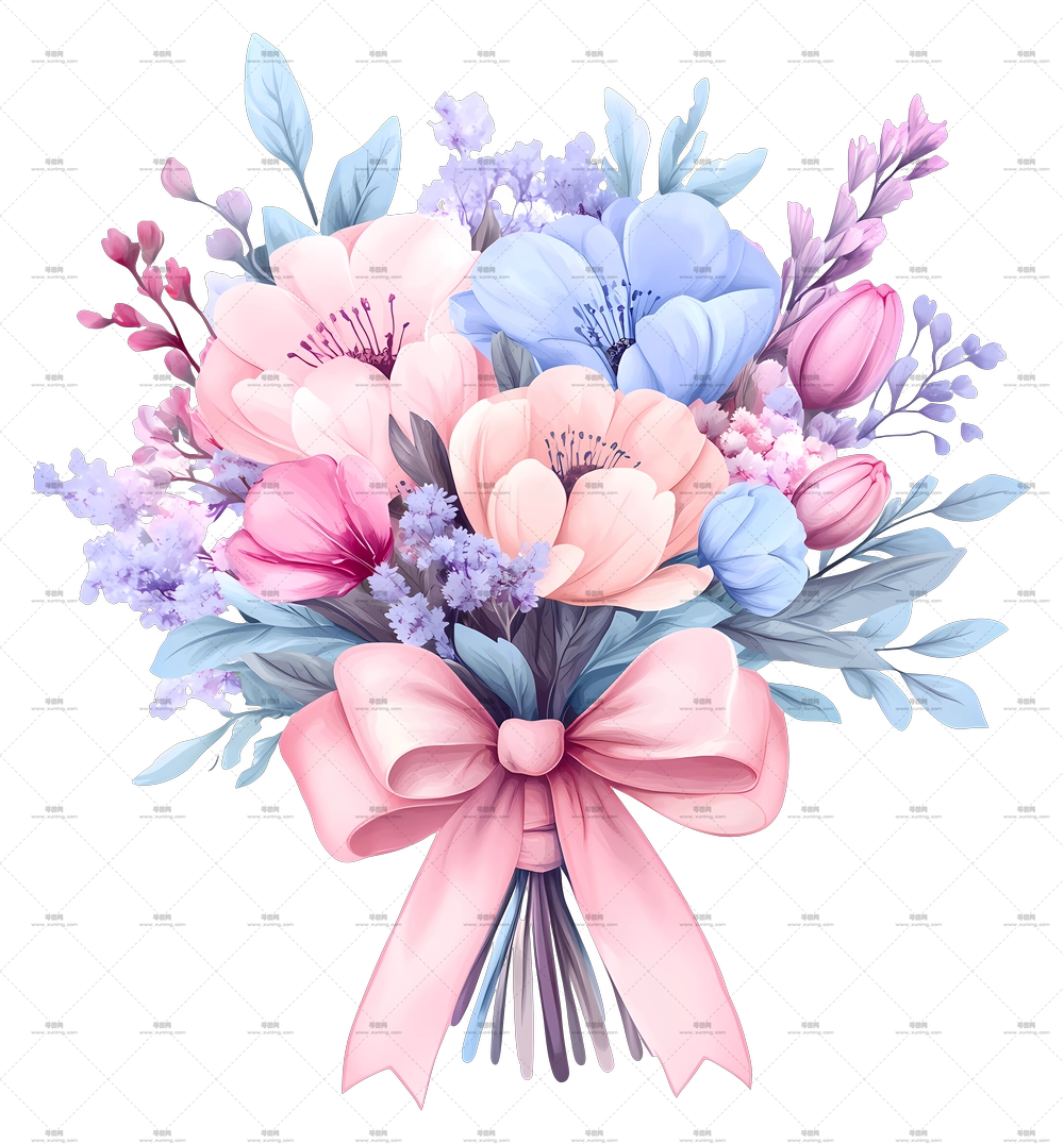 粉色花束 – 带丝带装饰的淡彩花卉花束PNG免抠图预览图