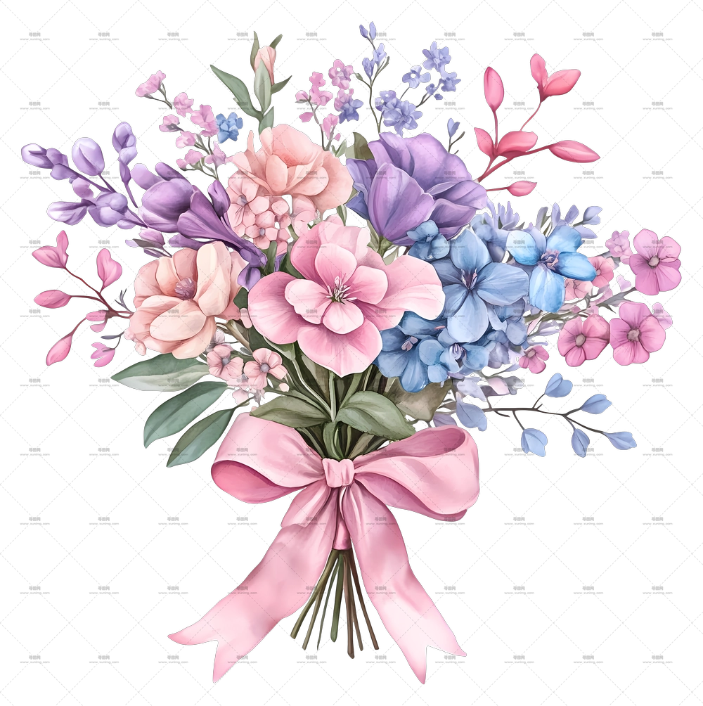 粉色花束 – 带丝带的优雅淡彩花卉花束PNG免抠图预览图