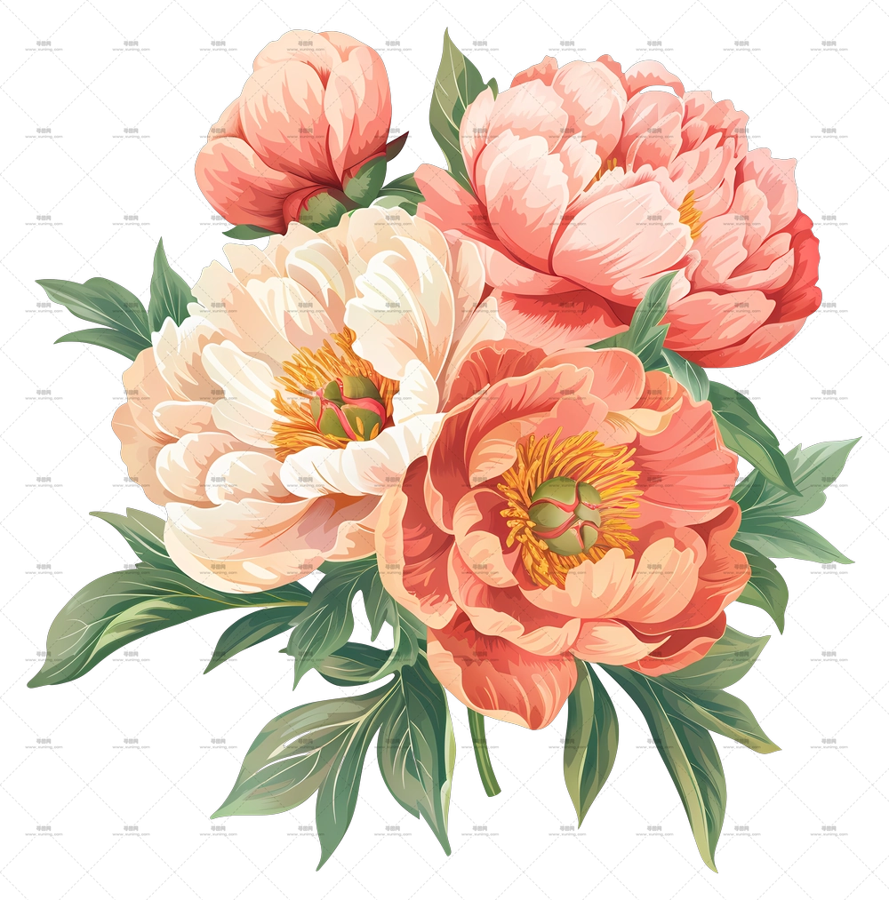 牡丹花束 – 美丽带叶粉色花朵PNG免抠图预览图