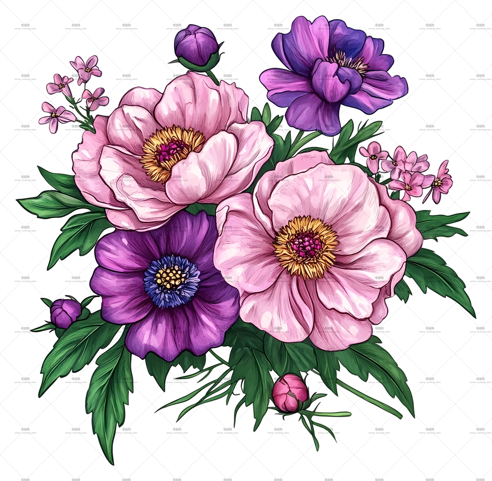 粉色花束 – 粉色和紫色花朵插画PNG免抠图预览图