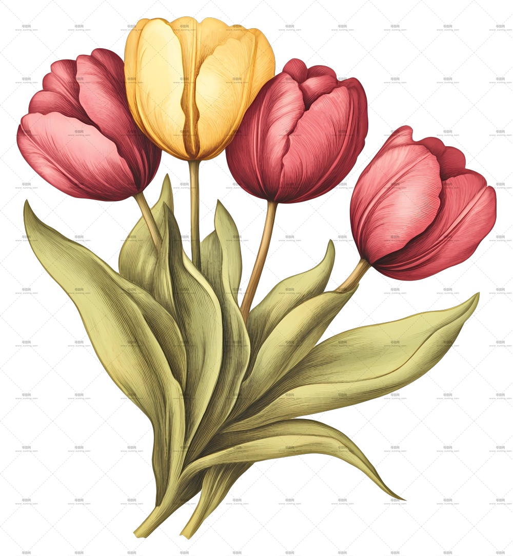 郁金香花束 – 美丽黄粉相间郁金香插画PNG免抠图预览图