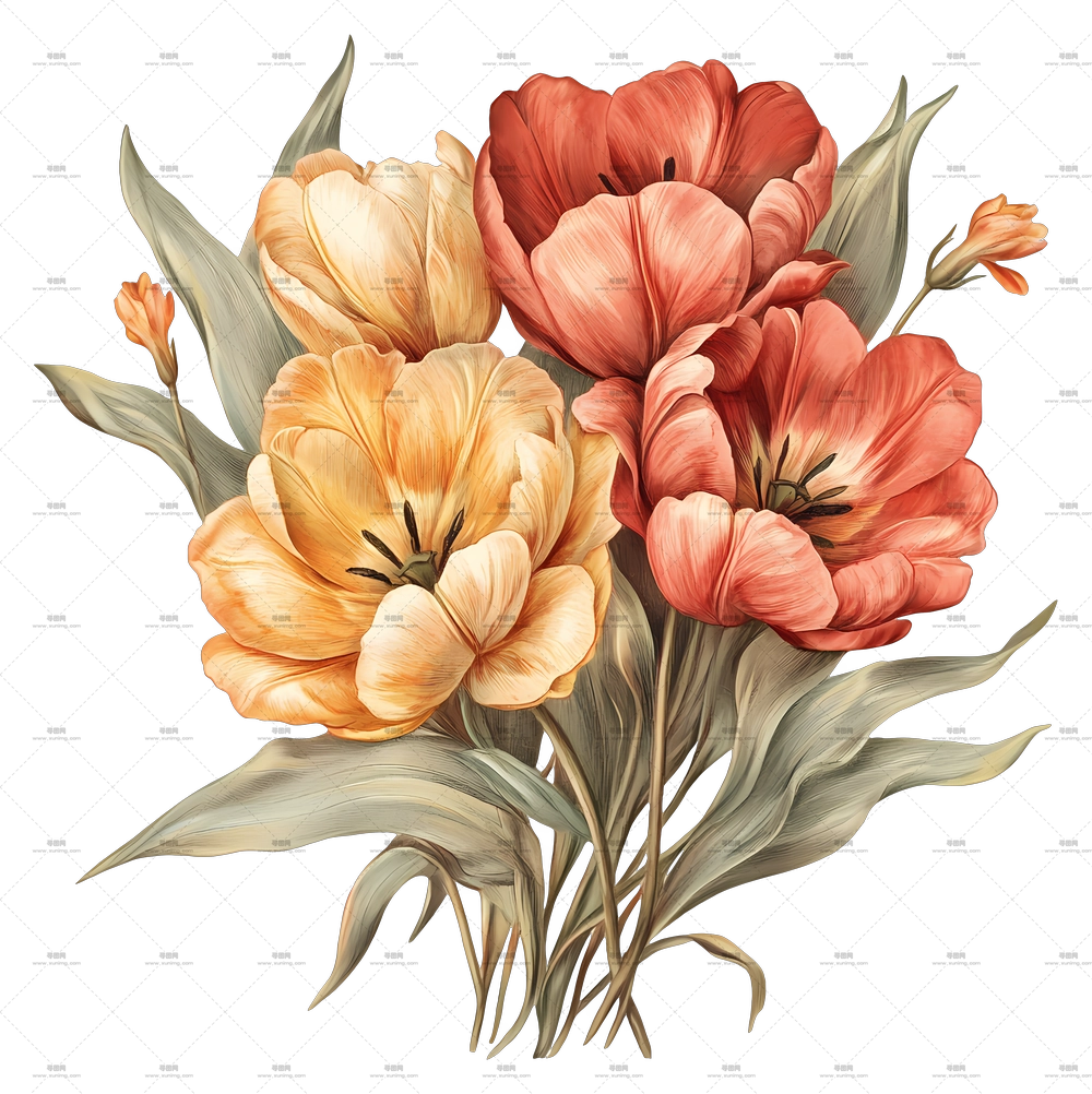 郁金香花束 – 红黄郁金香花束插画PNG免抠图预览图