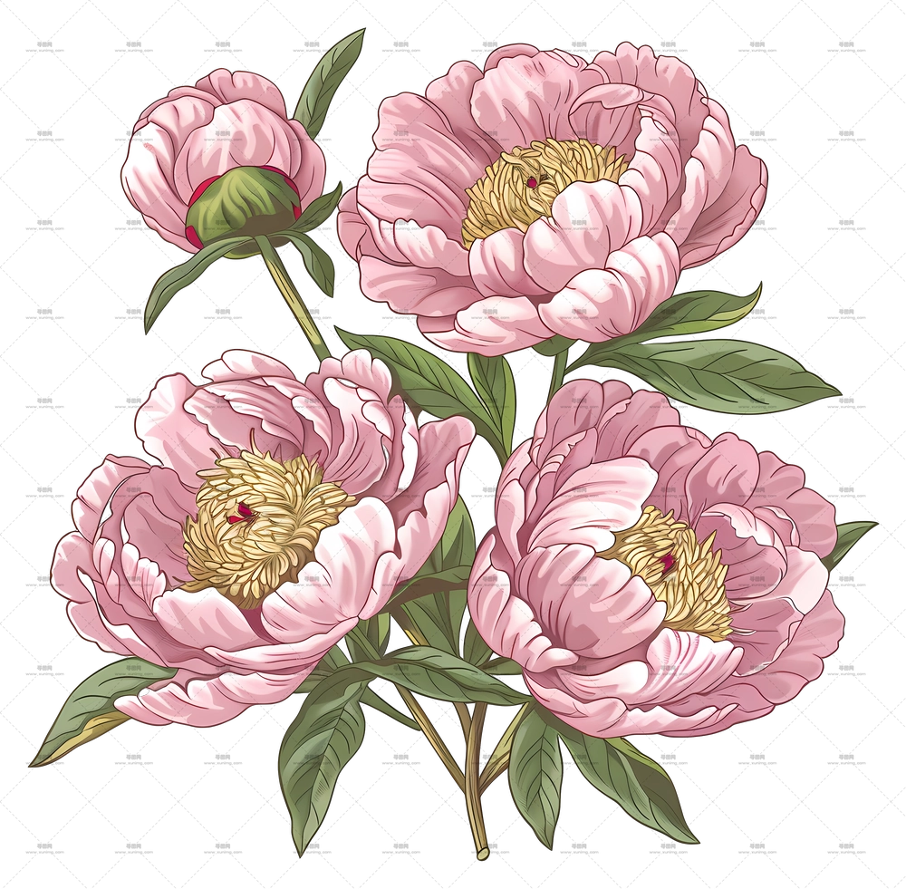 牡丹花束 – 美丽带叶粉色花朵PNG免抠图预览图